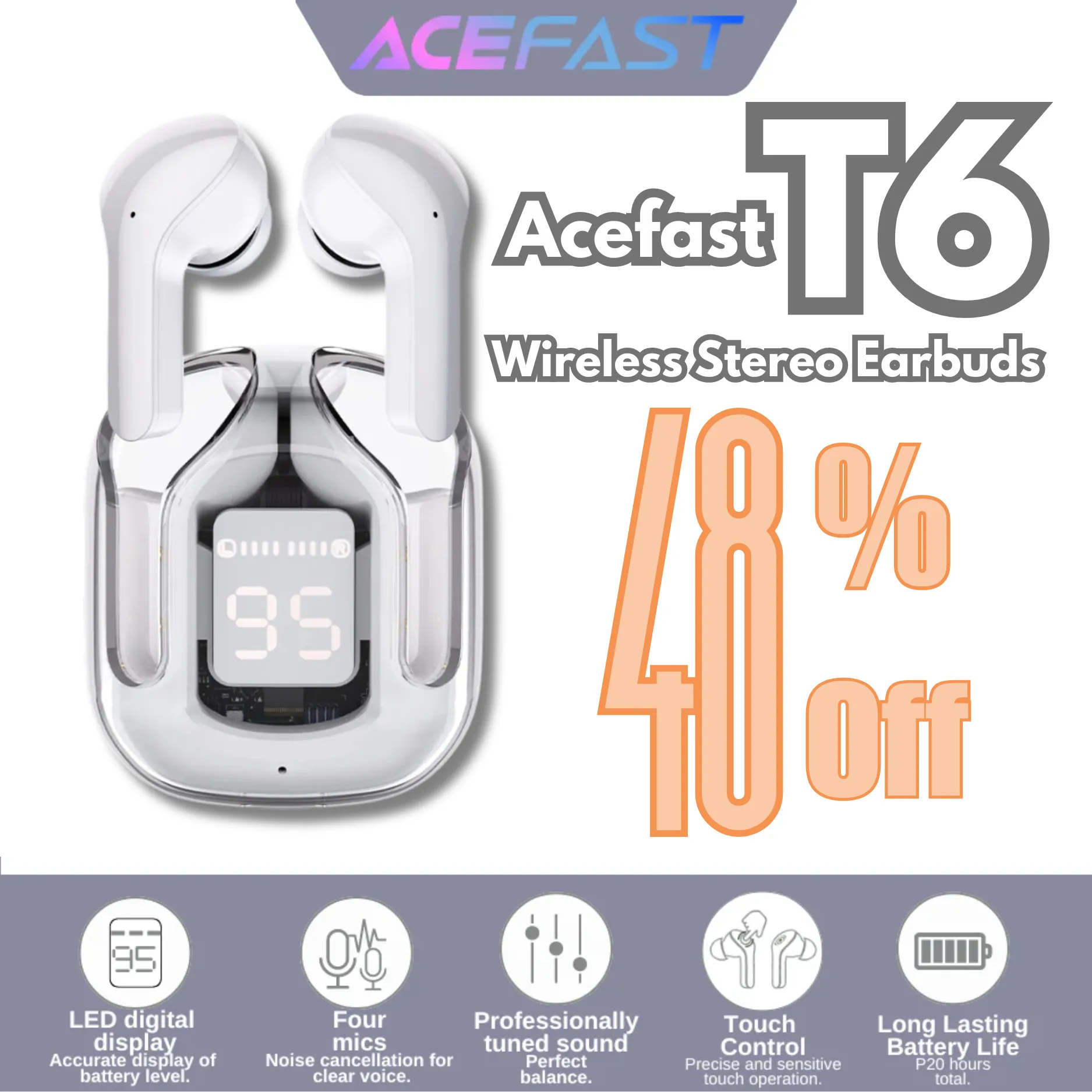 ACEFAST T6 BLEUTOOTH V5.0 ENC TRUE WIRELESS STEREO EARBUDS - GREY