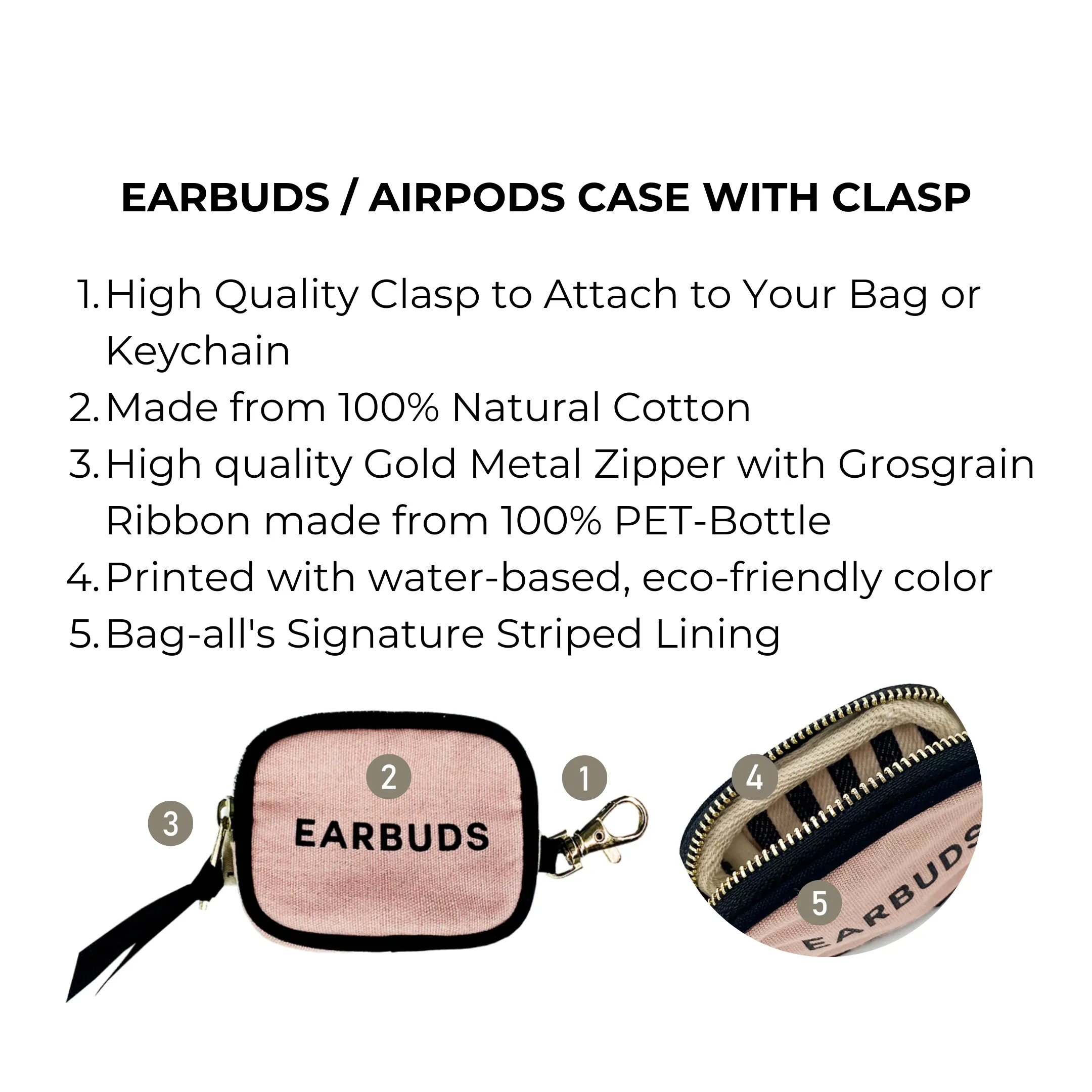 Earbuds/Airpods Case with Clasp, Pink/Blush