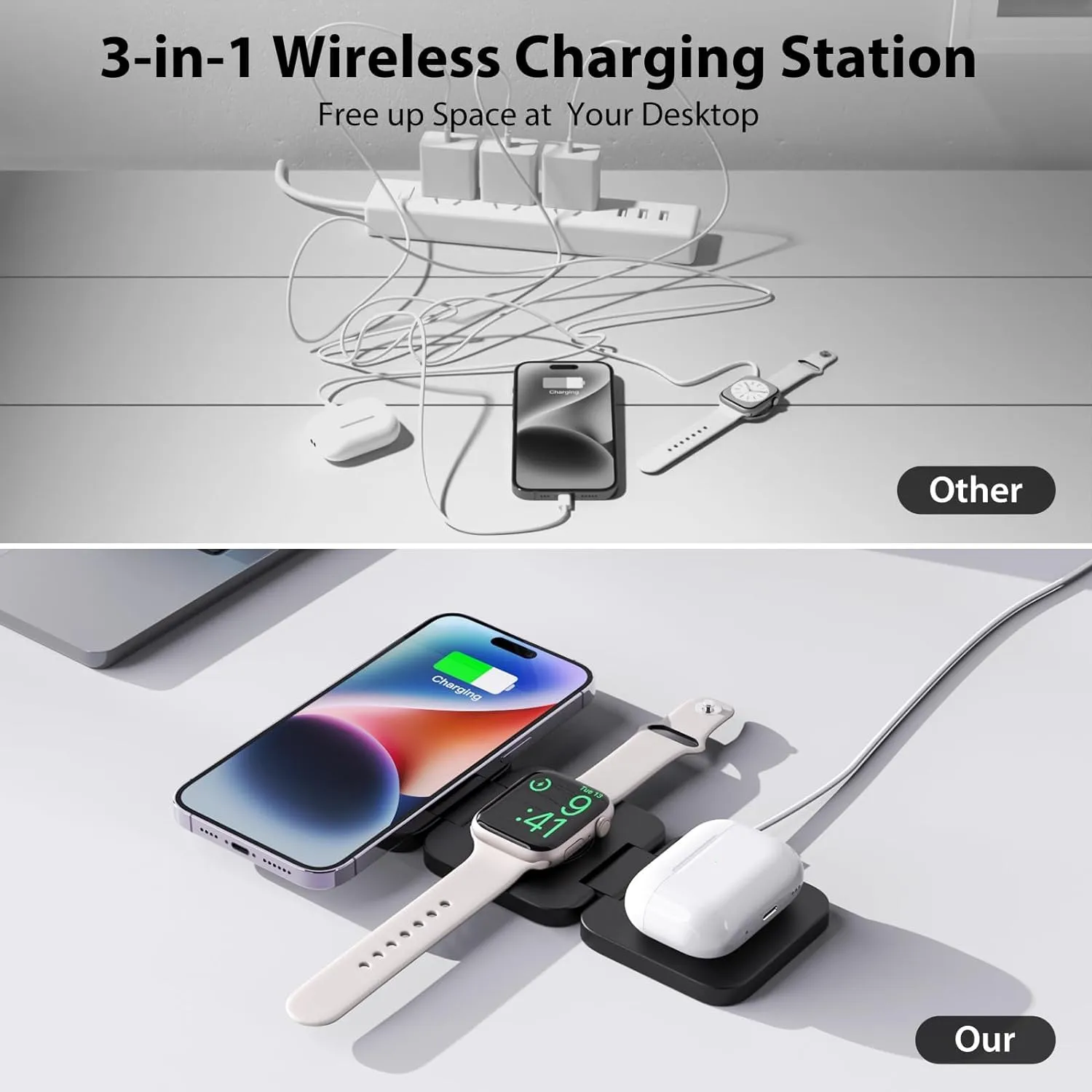 Fast Wireless Charger, Magnetic Foldable 3 in 1 Charging Station for iPhone, Apple Watch and Airpods3/2/Pro-Black