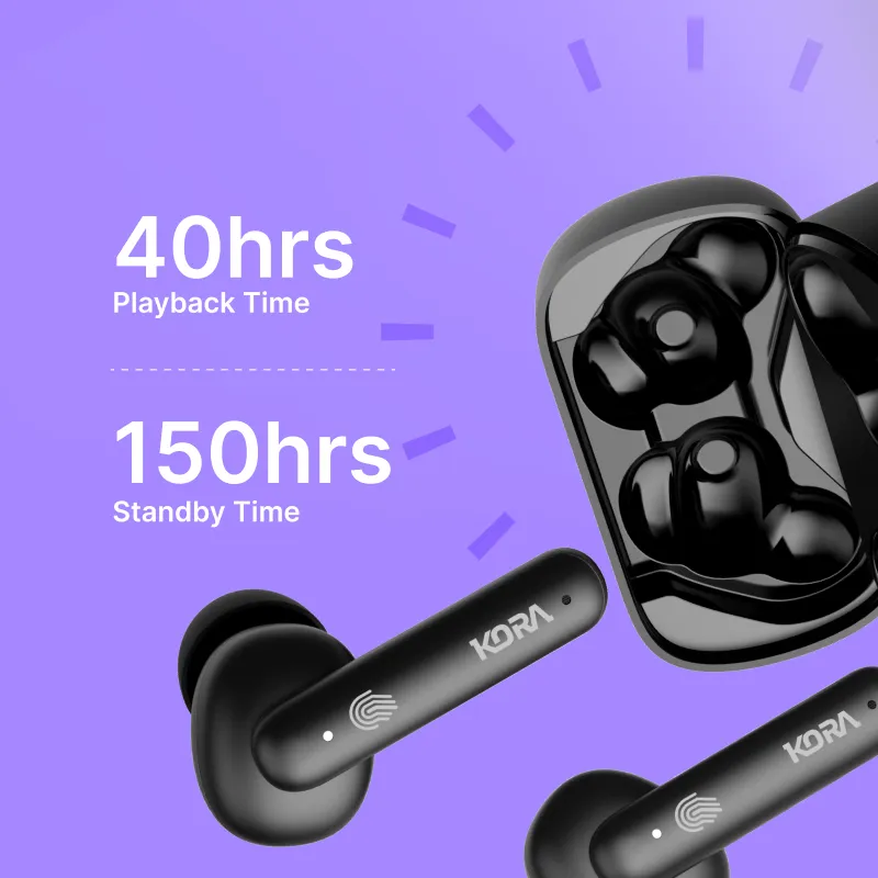 Kora Pulse 1.0 Wireless Earbuds with 8mm drivers, 40 Hours Playback, IPX4 Water Resistance, Smooth Touch Controls