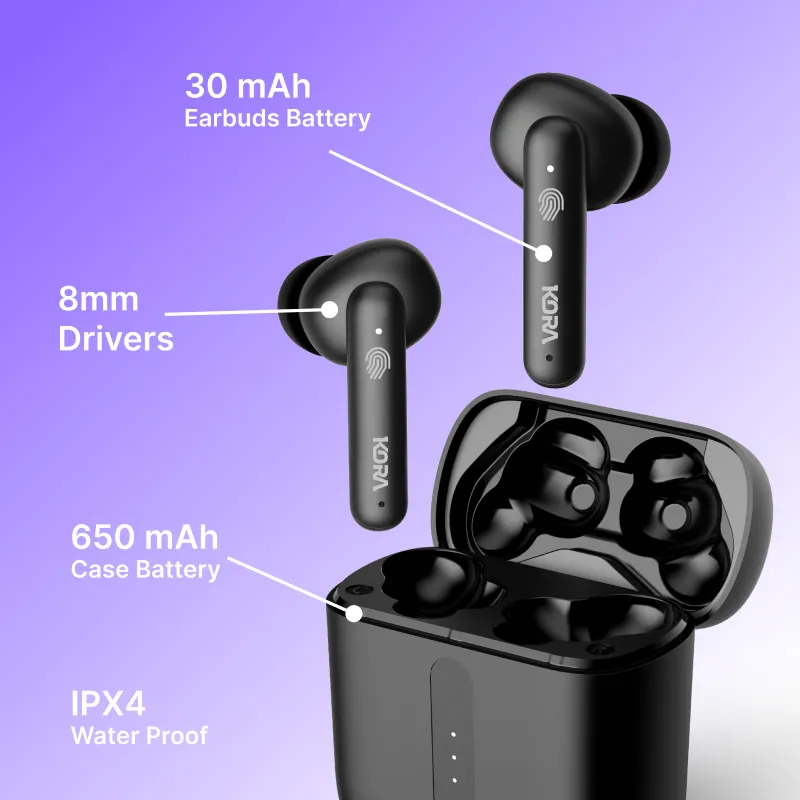 Kora Pulse 1.0 Wireless Earbuds with 8mm drivers, 40 Hours Playback, IPX4 Water Resistance, Smooth Touch Controls