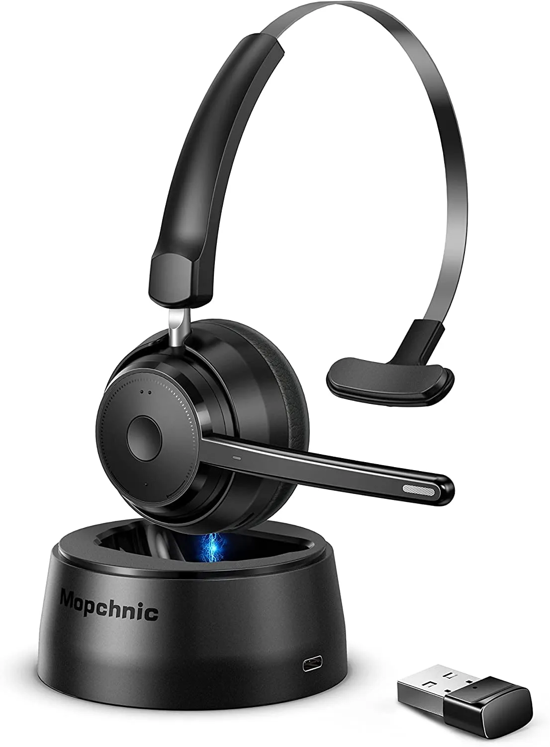 Mopchnic Bluetooth Headset, Wireless Headset with Upgraded Microphone AI Noise Canceling, on Ear Bluetooth Headset with USB Dongle for Office Call Center Skype Zoom Meeting Online Class Trucker