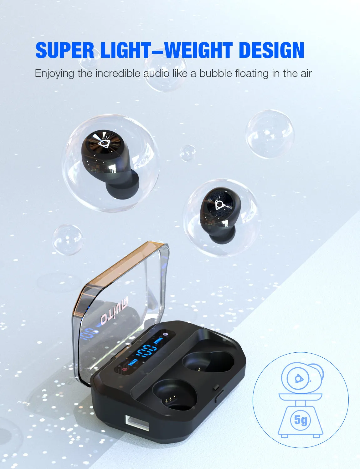 Otium Wireless Earbuds Bluetooth 5.0 Headphones with Digital Intelligence LED Display 3500 mAH Charging Case 135H Playtime Stereo Sound Headset IPX7 Waterproof Built-in Mic for Driving/Work/Sports