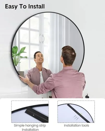 The Artment Your Artistic Apartment Orbit High Definition Round Shape Wall Mirror With Black Metal Frame For Living Room || Bedroom || Bathroom, Home & Decor with Hanging Stripes (Black Frame,16 Inch)