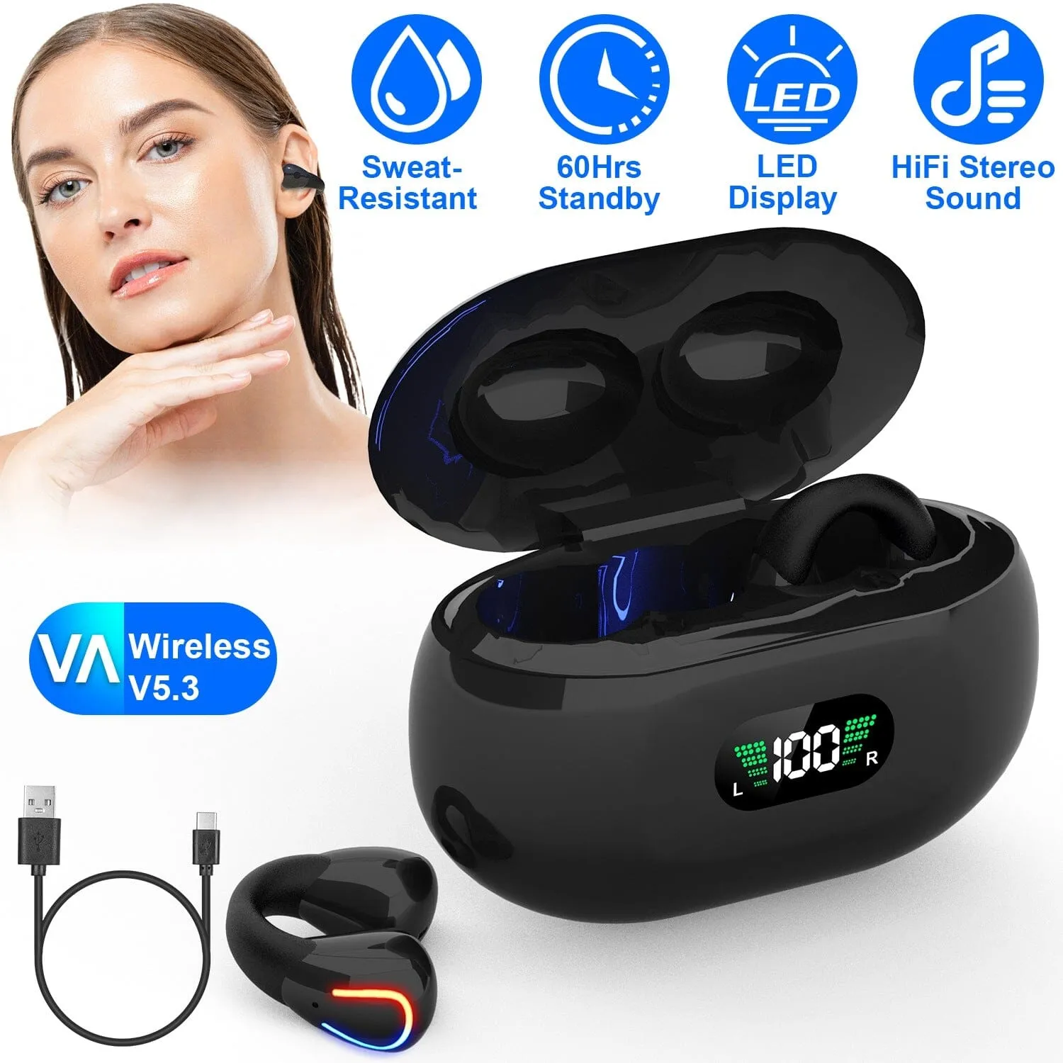 Wireless v5.3 Earbuds Clip-on Open TWS Earphones with Built-in Mic LED Charging Display Case