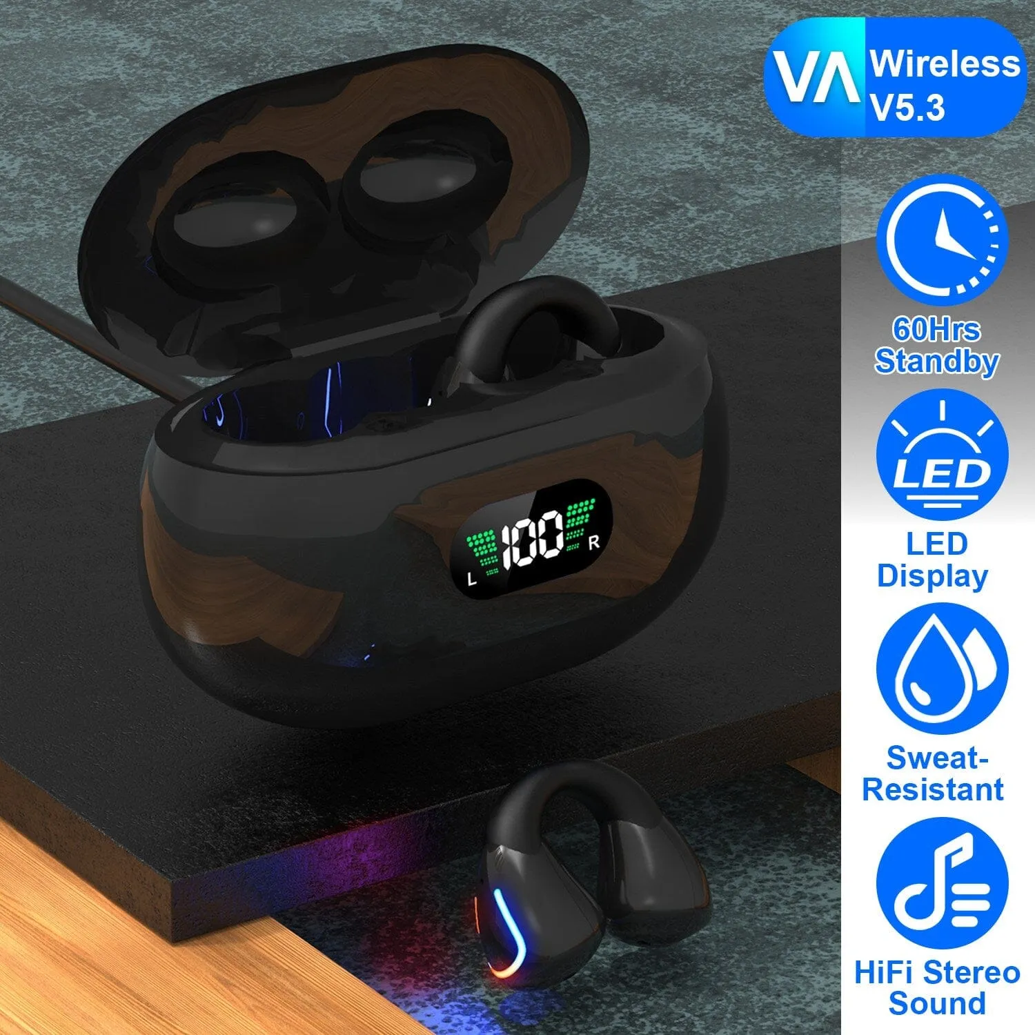 Wireless v5.3 Earbuds Clip-on Open TWS Earphones with Built-in Mic LED Charging Display Case