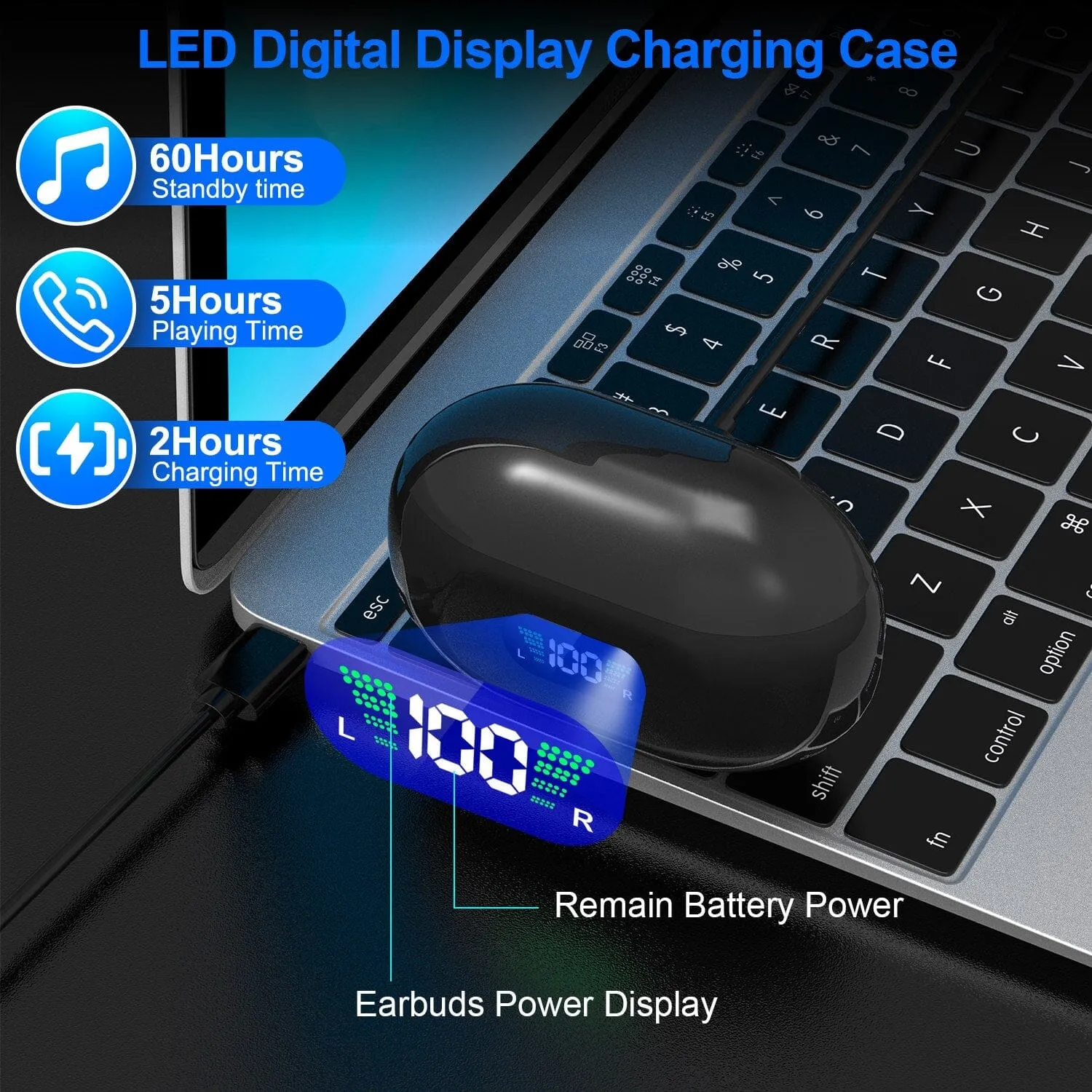 Wireless v5.3 Earbuds Clip-on Open TWS Earphones with Built-in Mic LED Charging Display Case