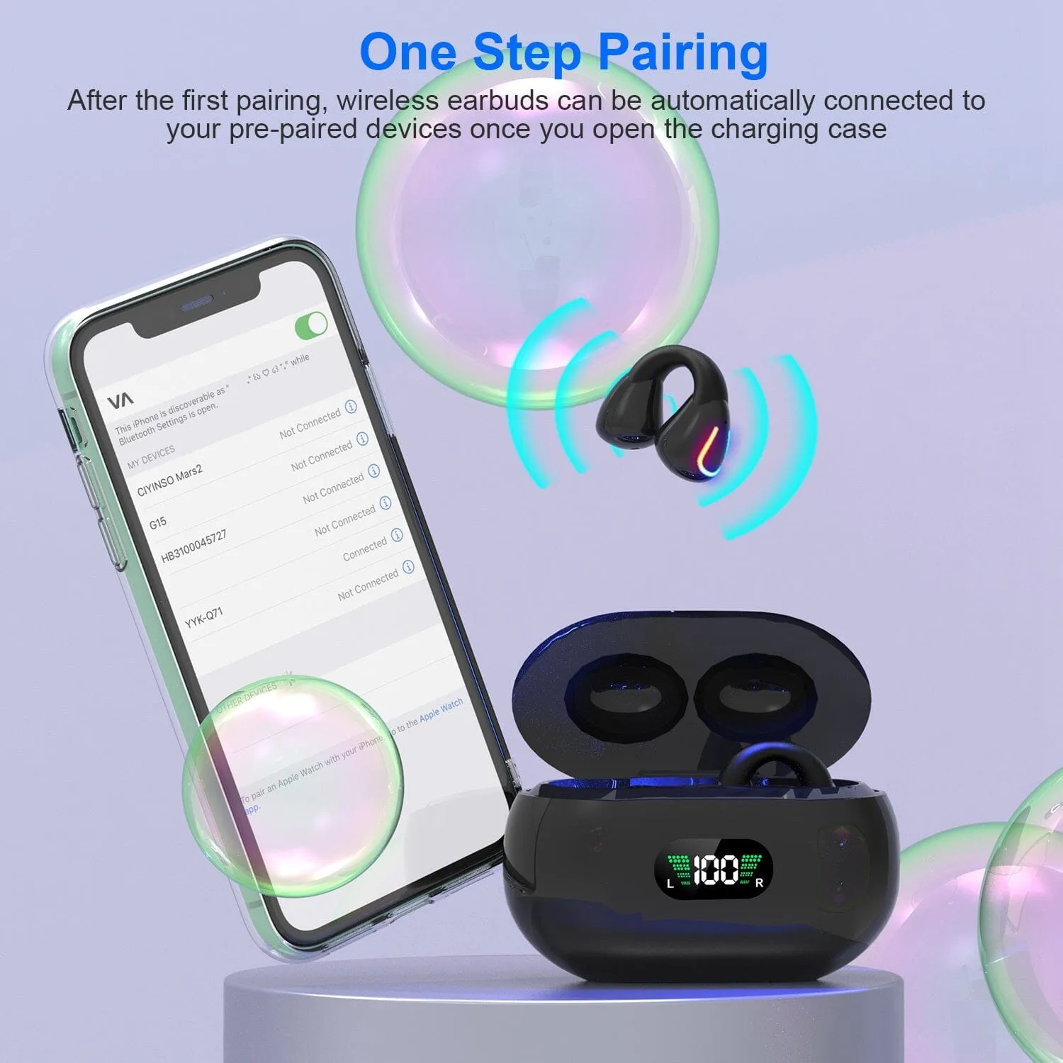 Wireless v5.3 Earbuds Clip-on Open TWS Earphones with Built-in Mic LED Charging Display Case