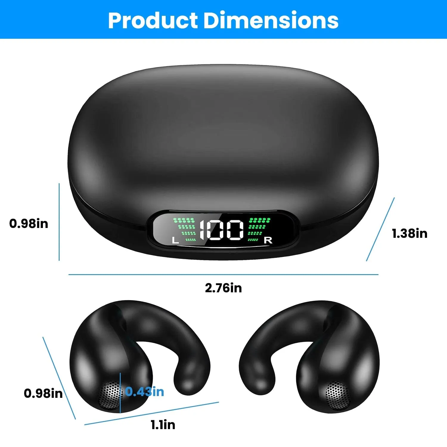 Wireless V5.3 Open Ear Clip Earbuds IPX3 Waterproof Ultra Open Earbuds with LED Display