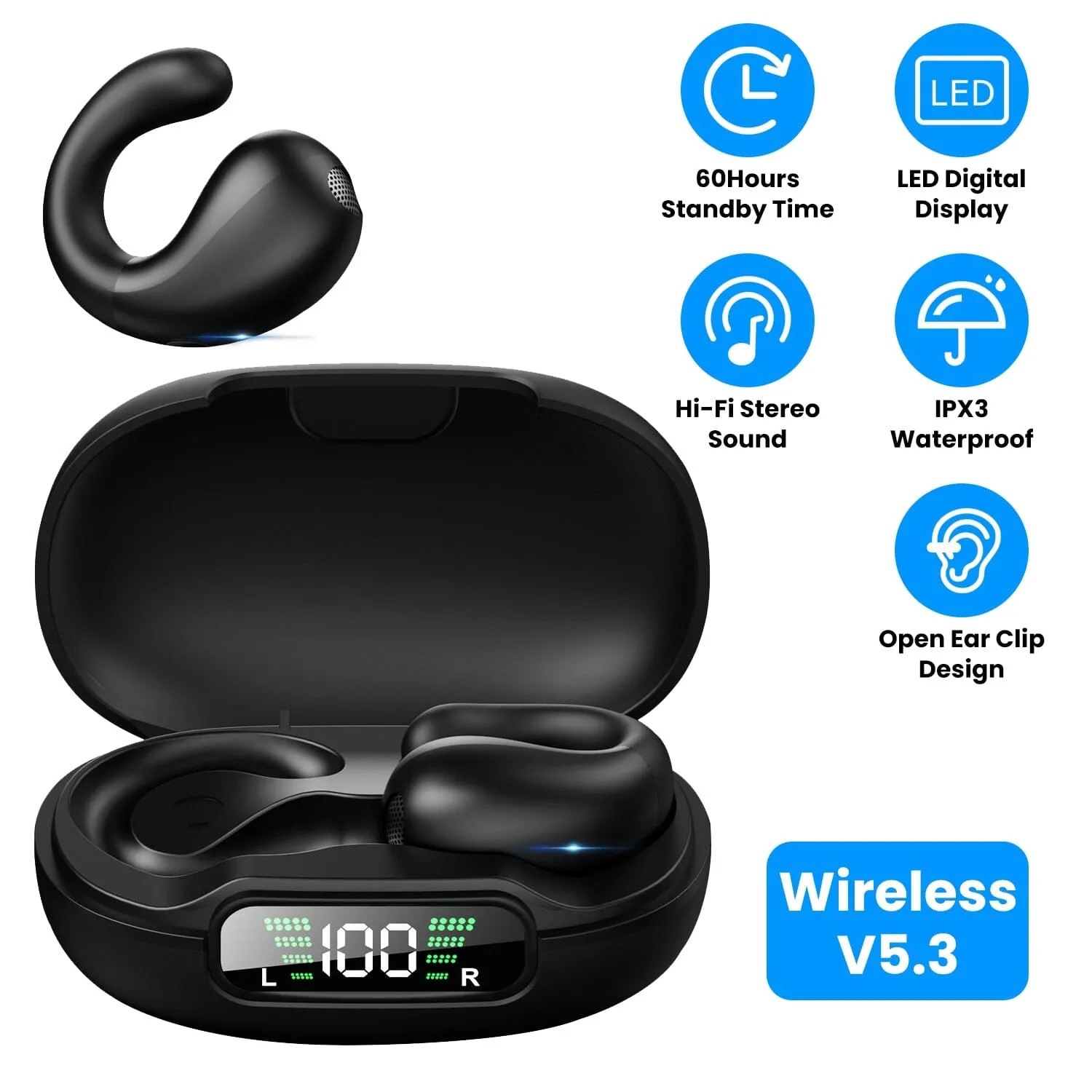 Wireless V5.3 Open Ear Clip Earbuds IPX3 Waterproof Ultra Open Earbuds with LED Display